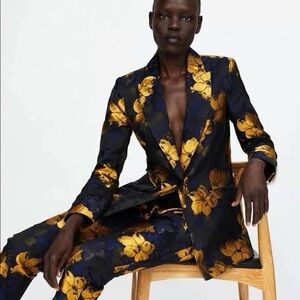 Zara Metallic Floral Blazer in Navy & Gold
